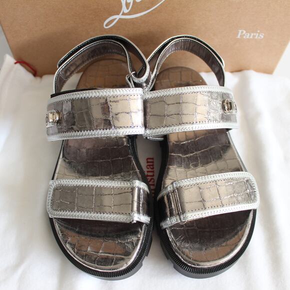 Christian Louboutin Lock Cool Metallic Croc-Embossed Leather Chunky Sandals - Picture 5 of 16